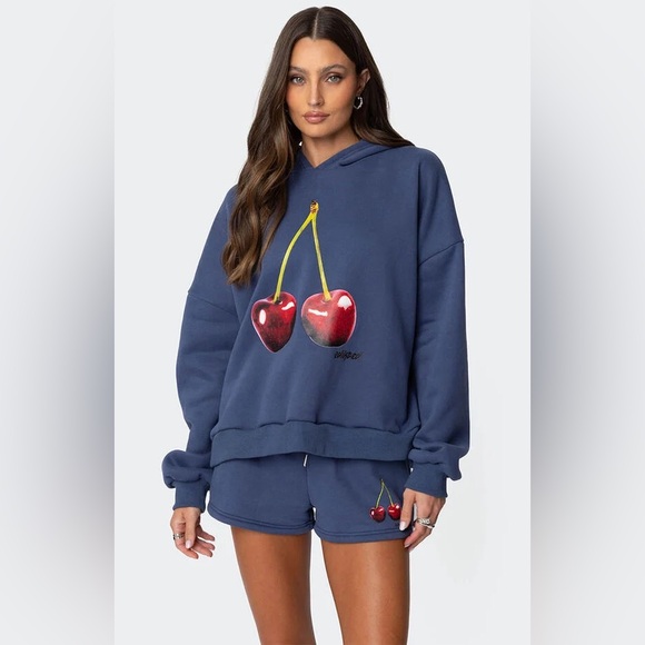 Tops - Edikted Mon Cheri Hoodie Cherry Graphic Navy Hoodie Size Medium
